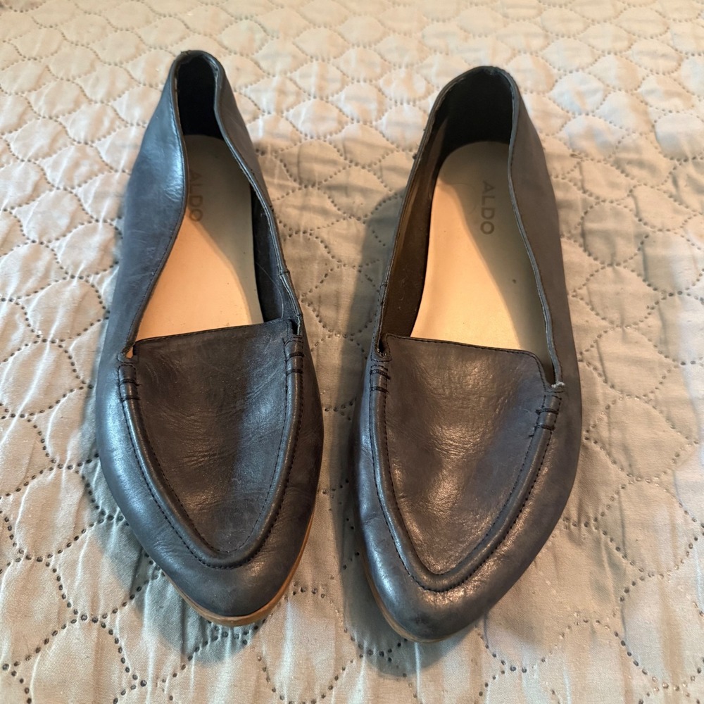 Aldo Womens Pointed Toe Leather Loafers Flats Gray Blue Size 7.5 EUR 38 Preppy